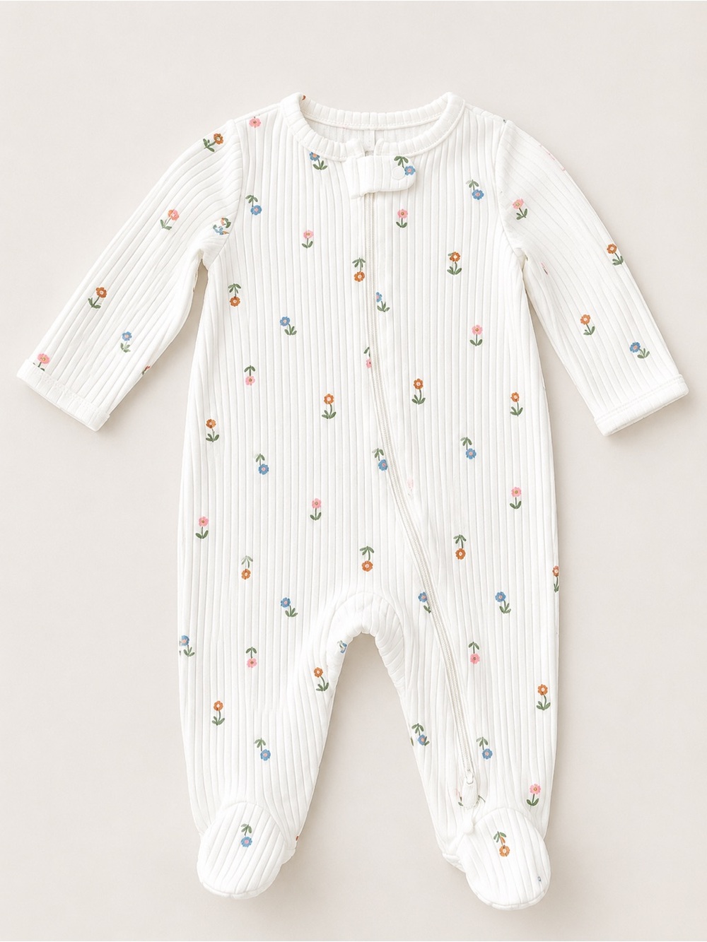 Carter’s - Double Zipper Sleeper - White W/ Floral Print (Cotton) - 3M